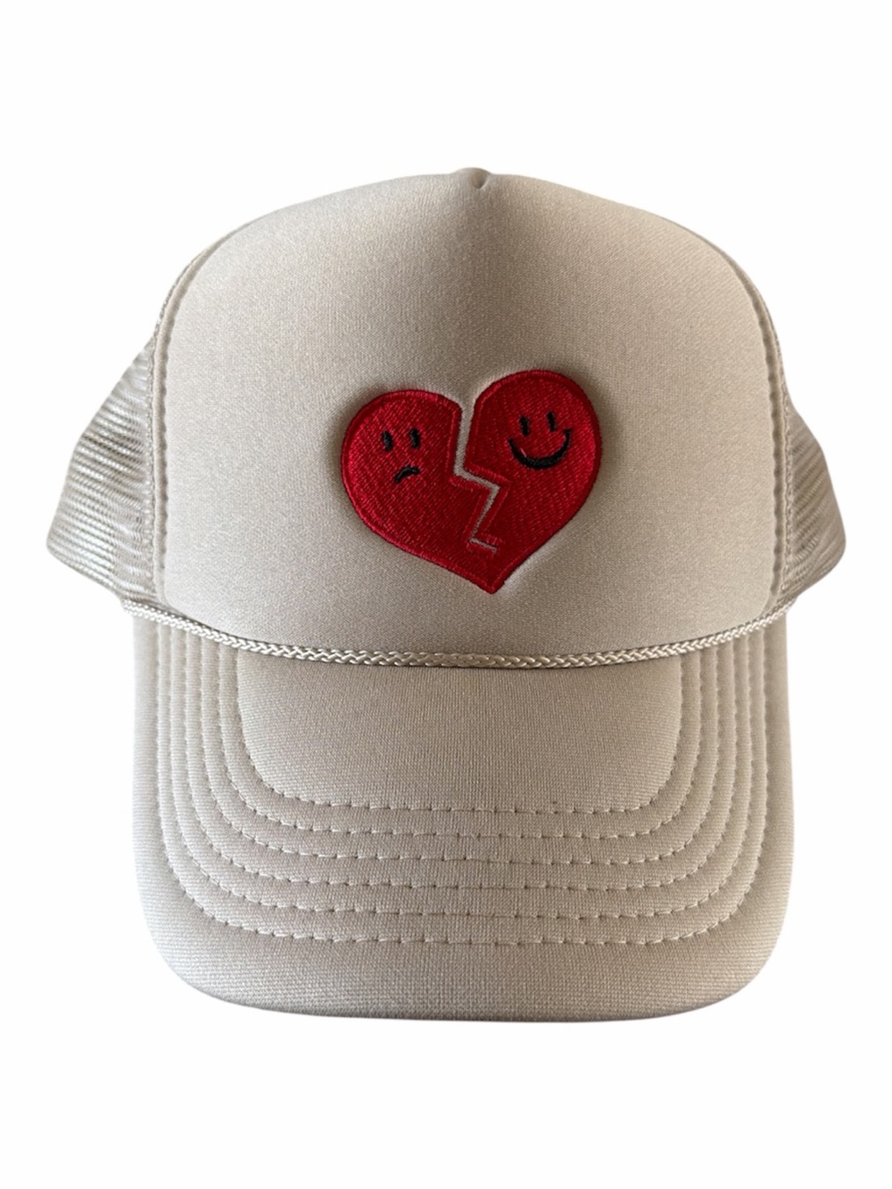 Trendy Cream Trucker Hat with Red Broken Heart Patch